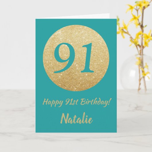 Happy 91st Birthday Blauwgroen en Gouden Glitter K Kaart (Gele Bloem)