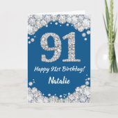 Happy 91st Birthday Blue en Silver Glitter Card Kaart (Voorkant)