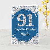 Happy 91st Birthday Blue en Silver Glitter Card Kaart (Gele Bloem)