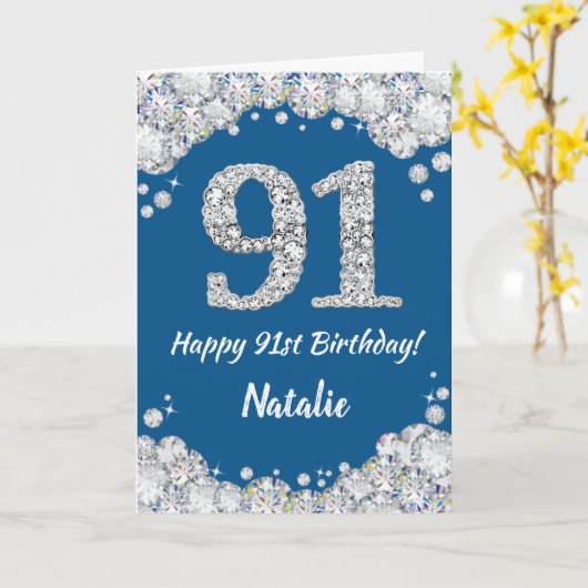 Happy 91st Birthday Blue en Silver Glitter Card Kaart (Gele Bloem)