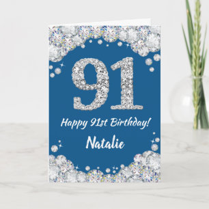 Happy 91st Birthday Blue en Silver Glitter Card Kaart