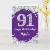 Happy 91st Birthday Paars en Silver Glitter Card Kaart (Gele Bloem)