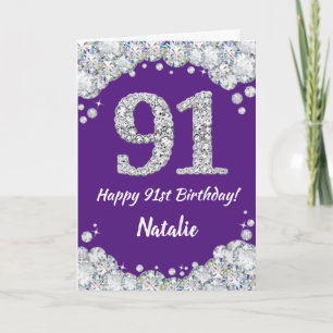 Happy 91st Birthday Paars en Silver Glitter Card Kaart