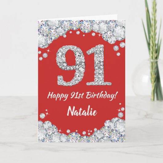Happy 91st Birthday Red en Silver Glitter Card Kaart (Voorkant)