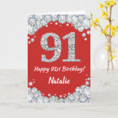 Happy 91st Birthday Red en Silver Glitter Card Kaart (Gele Bloem)