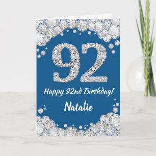 Happy 92e verjaardag Blue en Silver Glitter Card Kaart