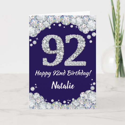 Happy 92e verjaardag Navy Blue en Silver Glitter Kaart (Voorkant)