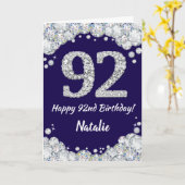 Happy 92e verjaardag Navy Blue en Silver Glitter Kaart (Gele Bloem)