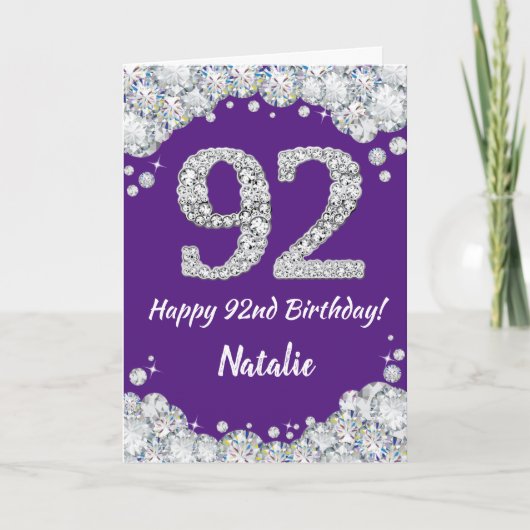 Happy 92e verjaardag Paars en Silver Glitter Card Kaart (Voorkant)