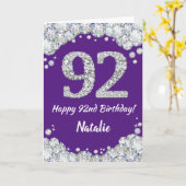 Happy 92e verjaardag Paars en Silver Glitter Card Kaart (Gele Bloem)