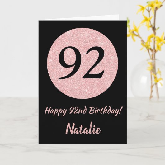 Happy 92nd Birthday Black en Roos Pink Gold Kaart (Gele Bloem)
