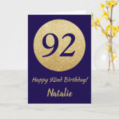 Happy 92nd Birthday Navy Blue and Gold Glitter Kaart (Gele Bloem)