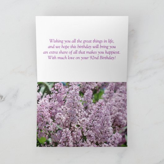 Happy 92sd Verjaardag Lila Bloemen Kaart (Binnen)