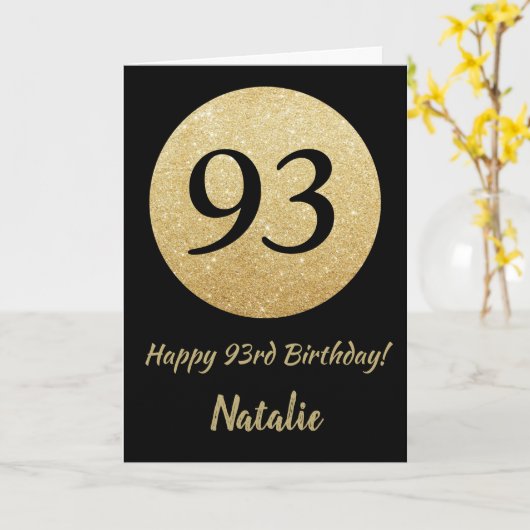 Happy 93rd Birthday Black en Gold Glitter Kaart (Gele Bloem)