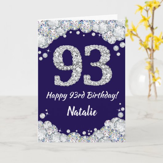 Happy 93rd Birthday Navy Blue en Silver Glitter Kaart (Gele Bloem)