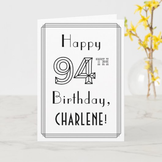 Happy 94th Birthday, Art Deco Style met aangepaste Kaart (Gele Bloem)