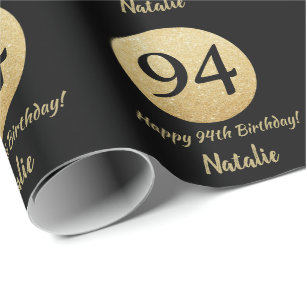 Happy 94th Birthday Black en Gold Glitter Cadeaupapier