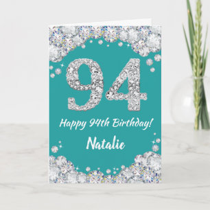 Happy 94th Birthday Blauwgroen en Silver Glitter C Kaart