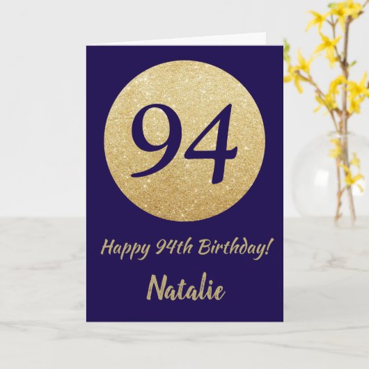 Happy 94th Birthday Navy Blue and Gold Glitter Kaart (Gele Bloem)