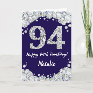 Happy 94th Birthday Navy Blue en Silver Glitter Kaart