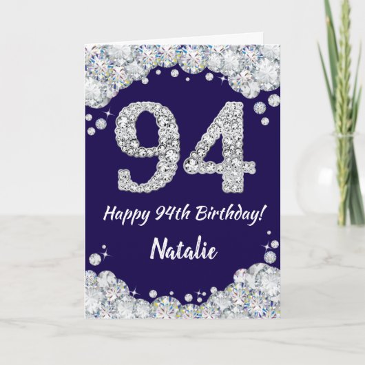 Happy 94th Birthday Navy Blue en Silver Glitter Kaart (Voorkant)