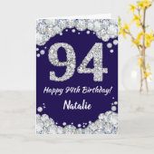 Happy 94th Birthday Navy Blue en Silver Glitter Kaart (Gele Bloem)