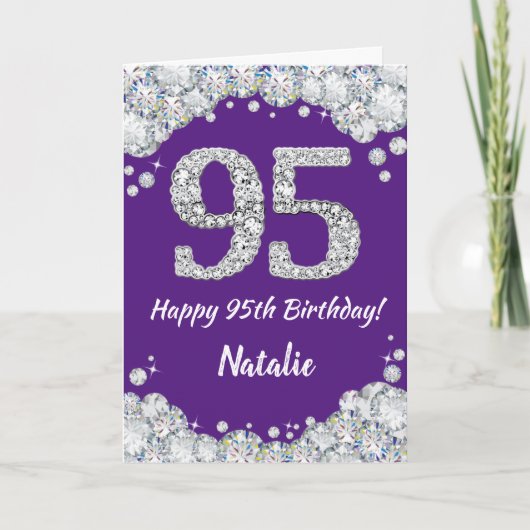 Happy 95th Birthday Paars en Silver Glitter Card Kaart (Voorkant)