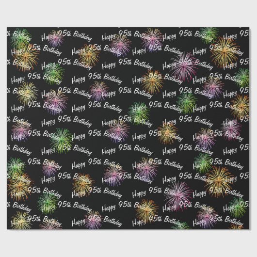 Happy 95th Birthday vuurwerk op zwart Cadeaupapier (Vlak)