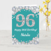 Happy 96th Birthday Blauwgroen en Silver Glitter C Kaart (Gele Bloem)