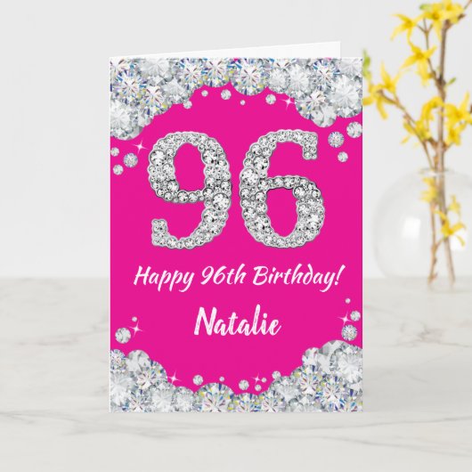 Happy 96th Birthday Hot Pink en Silver Glitter Kaart (Gele Bloem)