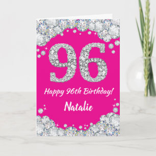 Happy 96th Birthday Hot Pink en Silver Glitter Kaart