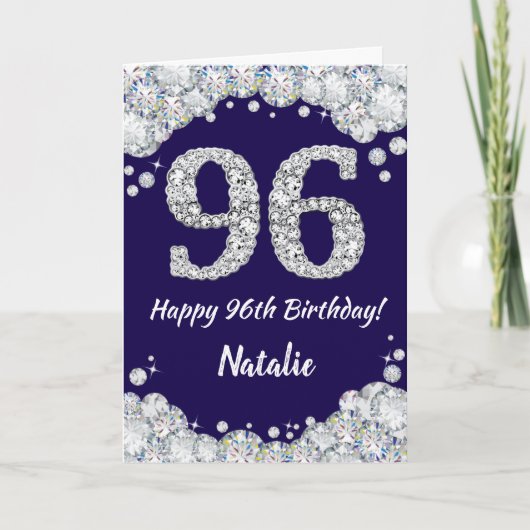 Happy 96th Birthday Navy Blue en Silver Glitter Kaart (Voorkant)