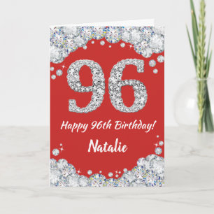 Happy 96th Birthday Red en Silver Glitter Card Kaart