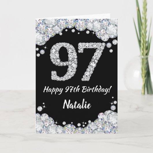 Happy 97th Birthday Black en Silver Glitter Card Kaart (Voorkant)
