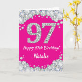 Happy 97th Birthday Hot Pink en Silver Glitter Kaart (Gele Bloem)