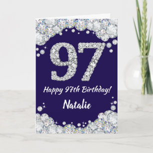 Happy 97th Birthday Navy Blue en Silver Glitter Kaart