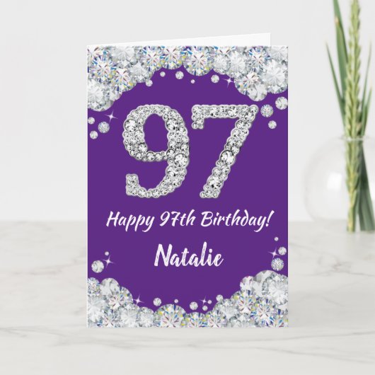 Happy 97th Birthday Paars en Silver Glitter Card Kaart (Voorkant)