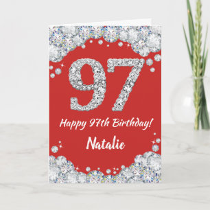 Happy 97th Birthday Red en Silver Glitter Card Kaart