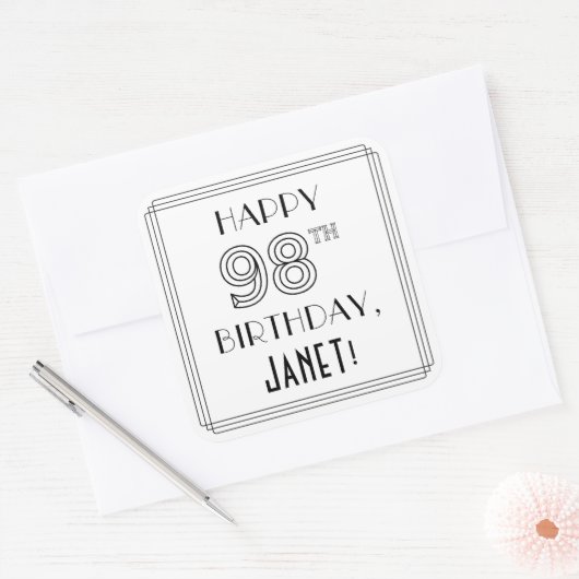 HAPPY 98th BIRTHDAY, Art Deco Style, Custom Name Vierkante Sticker (Envelop)