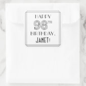 HAPPY 98th BIRTHDAY, Art Deco Style, Custom Name Vierkante Sticker (Tas)