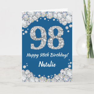 Happy 98th Birthday Blue en Silver Glitter Card Kaart
