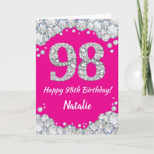 Happy 98th Birthday Hot Pink en Silver Glitter Kaart (Voorkant)