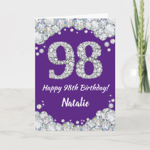Happy 98th Birthday Paars en Silver Glitter Card Kaart