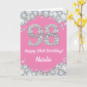 Happy 98th Birthday Pink en Silver Glitter Card Kaart (Gele Bloem)