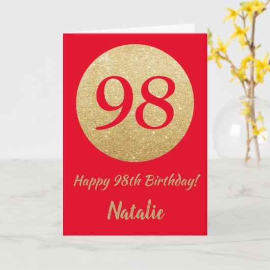Happy 98th Birthday Red en Gold Glitter Card Kaart (Gele Bloem)