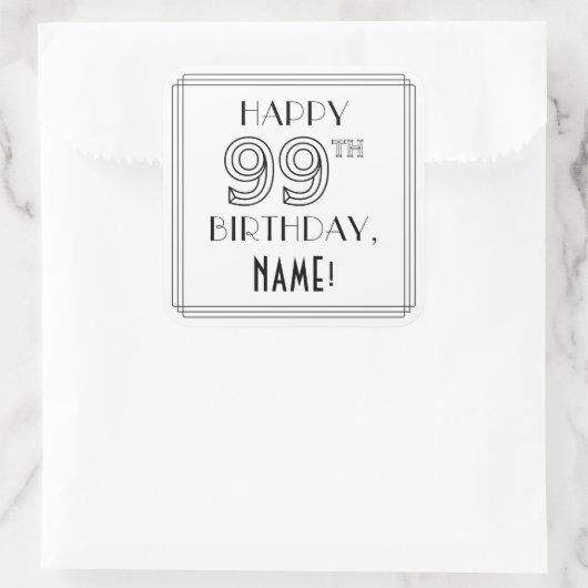 HAPPY 99TH BIRTHDAY, Art Deco Style, aangepaste na Vierkante Sticker (Tas)