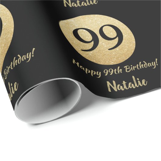Happy 99th Birthday Black en Gold Glitter Cadeaupapier (Rol Hoek)