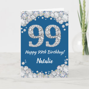 Happy 99th Birthday Blue en Silver Glitter Card Kaart