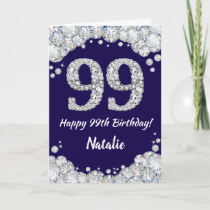 Happy 99th Birthday Navy Blue en Silver Glitter Kaart