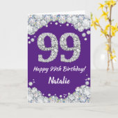 Happy 99th Birthday Paars en Silver Glitter Card Kaart (Gele Bloem)